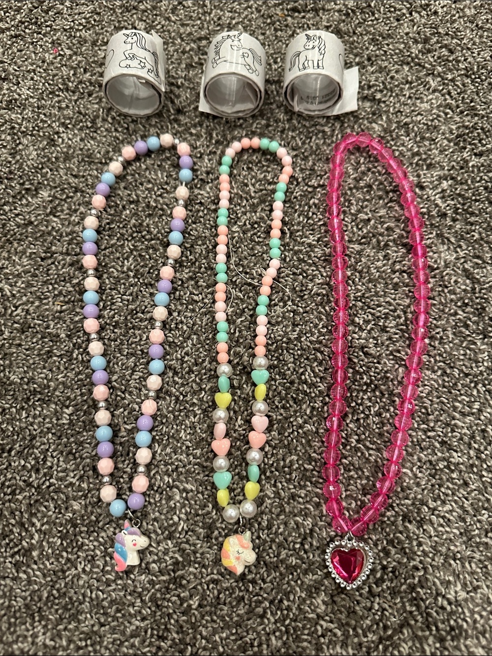 Kids Unicorn & Heart Bead Necklace Set and 3 unicorn slap bracelets